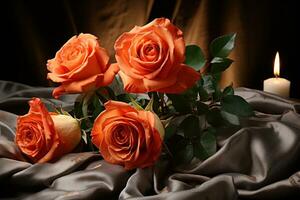 A romantic ambiance captured in a painting of red roses bathed in candlelight, valentine, dating and love proposal image photo