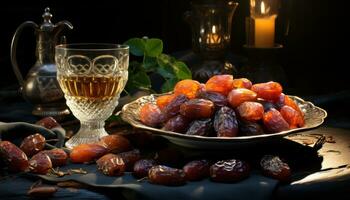 AI generated Ripe and luscious date fruits elegantly displayed on a sleek black surface, islamic images photo