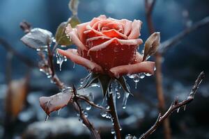 A red rose enveloped in ice symbolizing enduring love, engagement, wedding and anniversary image photo