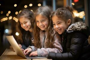 AI generated Three young children laying down engaged with a laptop exploring digital content together with curiosity and excitement, educational photo