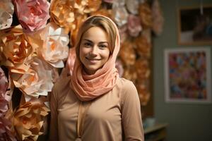 AI generated A dedicated teacher transforms her classroom into a visually rich and inspiring space for learning, female teacher image photo