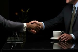 AI generated Two professionals shaking hands at a computer table, professional business meeting image photo