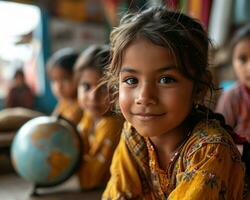 AI generated Children happily gathered around a globe in school, educational photo