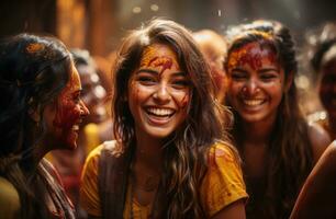 AI generated Girls smiling and celebrating with everyone, holi festival images hd photo