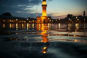 AI generated Mosque minaret at evening prayer by the water, islamic images photo