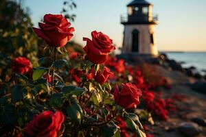 AI generated Red roses graced by the lighthouse light, valentine, dating and love proposal image photo