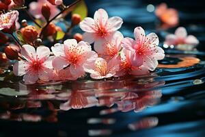 AI generated Floating blossoms in tranquil waters, spring photography photo