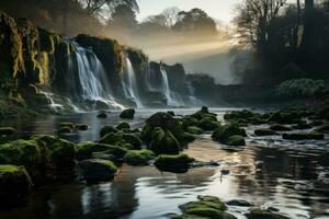 AI generated Sunrise veil revealing misty waterfall magic, beautiful sunrise image photo