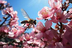 AI generated Spring bumblebee amidst blooms in mid flight, spring photography photo