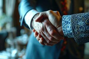 AI generated Business partners sealing the deal with a handshake in a meeting, professional business meeting image photo