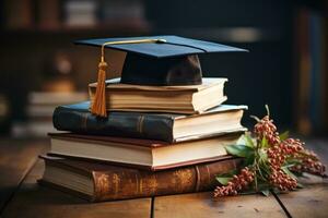 AI generated Graduation cap and book on a pile of books, educational photo