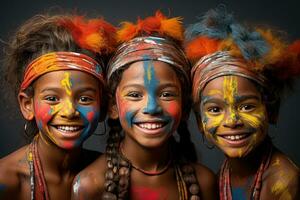 AI generated Children with painted faces on gray background, holi festival images hd photo