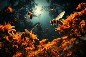 AI generated Bees at work in the glow of the full moon, spring photography photo