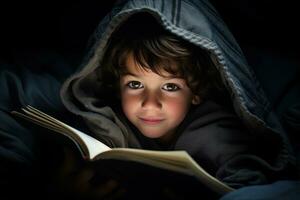 AI generated Mother and children reading with flashlights in monochrome, book photography photo