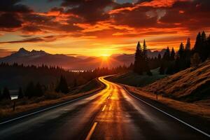 AI generated Rural road in sunset glow, beautiful sunrise image photo