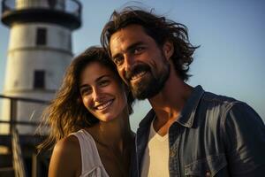 AI generated A couple standing by a lighthouse symbolizing love guiding light, engagement, wedding and anniversary image photo