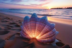 AI generated Seashell silhouette amidst sunset glow, beautiful sunrise image photo