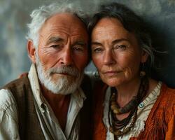 ai generado abuela y abuelo posando en el gris muro, contento activo personas mayores imágenes foto