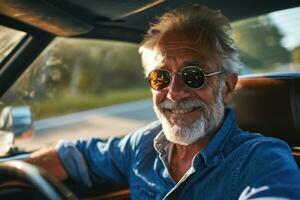 AI generated Smiling older man in blue shirt and sunglasses driving, active seniors lifestyle images photo