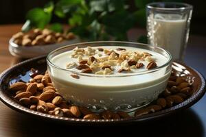 AI generated Exquisite orient inspired bowl with milk and nuts, islamic images photo