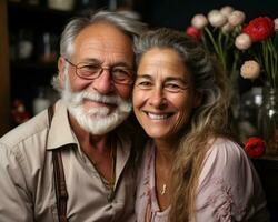 AI generated Senior duo sharing joyful moments at home, active seniors lifestyle images photo