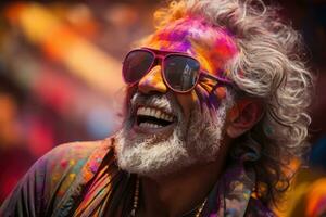 AI generated Holi hues reflected vibrancy captured in stylish sunglasses, holi festival images hd photo