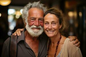 AI generated Older man and woman standing closely, diverse active seniors pictures photo
