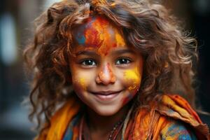 AI generated Child girl embracing colorful celebrations, holi festival images hd photo