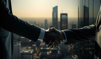 AI generated Two businessmen in suits shake hands in front of a tall building, professional business meeting image photo