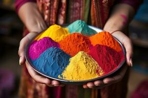 AI generated Woman showcasing colorful powder plate, holi festival images hd photo