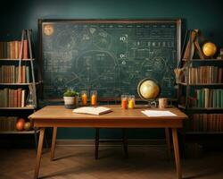 AI generated An exciting open book surrounded by pencils and a chalkboard ready for creativity, educational picture photo