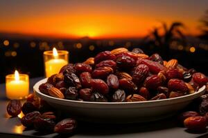 AI generated Dates silhouetted against a vibrant sunset a visual spectacle of culture, islamic images photo