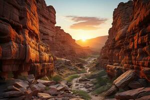AI generated Sunset layers of glowing rock in desert, beautiful sunrise image photo
