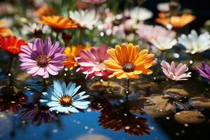 AI generated Ripple radiance vibrant flowers reflected in calm waters, spring photography photo