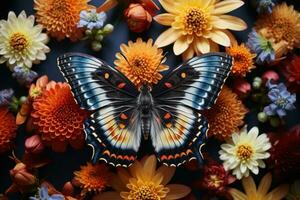 AI generated Graceful butterfly amidst daisy blooms, spring photography photo