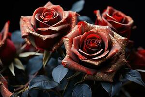 Elegant red roses adorned with golden leaf accents a symbol of timeless love, engagement, wedding and anniversary image photo