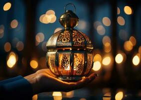 AI generated Hand holding lantern with glowing candles in a dark room, islamic images photo