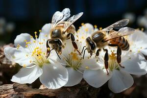 AI generated Bees pollinating essential blossoms, spring photography photo