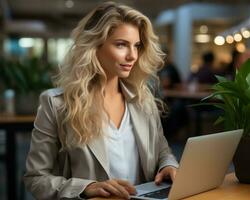AI generated A focused business lady working on a laptop in her office space, business meeting photo