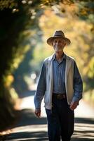 AI generated Elderly man walking along with a hat, images of senior citizens photo