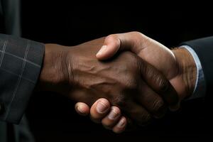 AI generated Business buddies sealing the deal with a handshake on a sleek black background, professional business meeting image photo