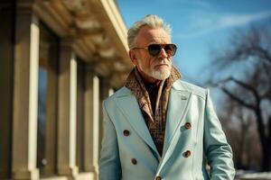 AI generated Older gentleman strolls outdoors in coat, active seniors lifestyle images photo