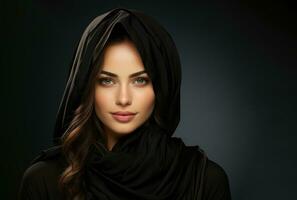 AI generated Radiant muslim woman adorned in a stylish black hijab, islamic images photo
