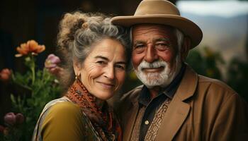 AI generated Older couple embracing nature beauty, images of senior citizens photo