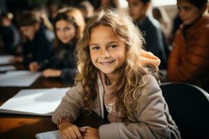 ai generado niños en clase contratar en sentado Nota tomando sesión, educativo imagen foto