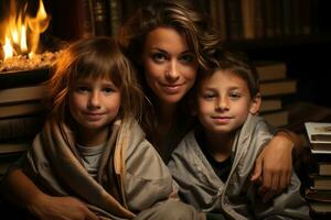 AI generated Mother and children wrapped in blankets by the fireplace with a stack of books, book photography photo