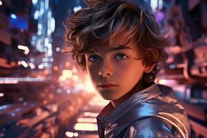 AI generated Amidst the neon glow a young reader finds solace in a futuristic city corner, book photos hd