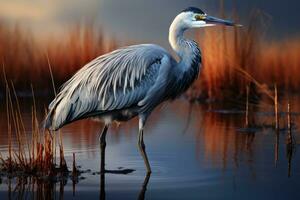 AI generated Elegance reflected heron grace in water mirror, spring photography photo