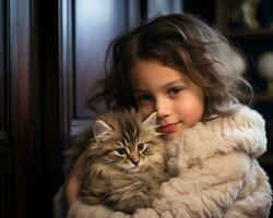 ai generado niña sostiene atigrado gatito formando un linda enlace y compartiendo amor en un reconfortante momento, mascota fotografía foto