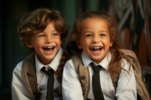 ai generado dos niños en uniforme disfrutando un juguetón momento con grande mochilas, niños jugando en colegio foto